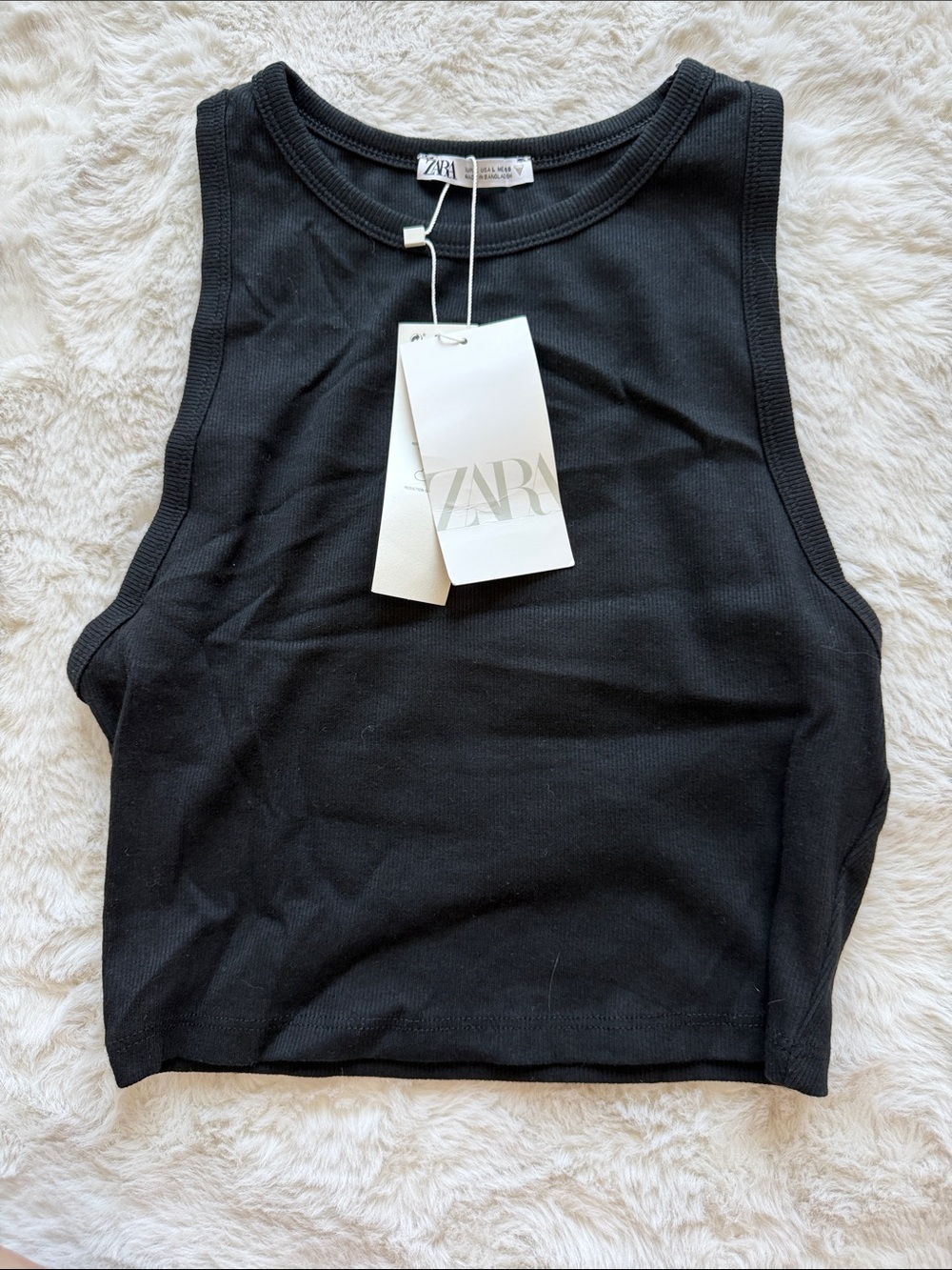 Zara Black Ribbed Crewneck Crop Tank